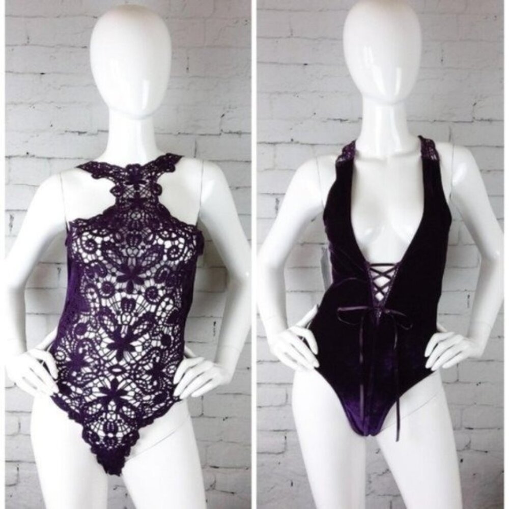 Dreamgirl Venice Reversible Lace/ Velvet Teddy Purple Size Medium